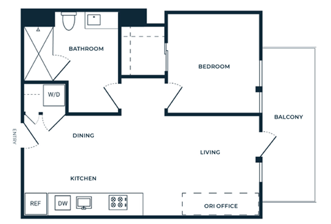 Floor plan for 1 bed, 1 bath, 661 sqft